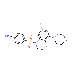 Nc1ccc(S(=O)(=O)N2CCOc3c(N4CCNCC4)cc(F)cc32)cc1 ZINC000028948484