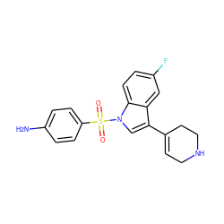 Nc1ccc(S(=O)(=O)n2cc(C3=CCNCC3)c3cc(F)ccc32)cc1 ZINC000028130533