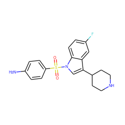 Nc1ccc(S(=O)(=O)n2cc(C3CCNCC3)c3cc(F)ccc32)cc1 ZINC000028129783