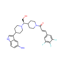 Nc1ccc2[nH]cc(C3CCN([C@@H](CO)C4CCN(C(=O)/C=C/c5cc(F)c(F)c(F)c5)CC4)CC3)c2c1 ZINC000029044133