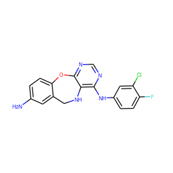 Nc1ccc2c(c1)CNc1c(Nc3ccc(F)c(Cl)c3)ncnc1O2 ZINC000028571179