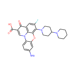 Nc1ccc2c(c1)oc1c(N3CCC(N4CCCCC4)CC3)c(F)cc3c(=O)c(C(=O)O)cn2c13 ZINC001772616697