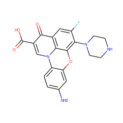 Nc1ccc2c(c1)oc1c(N3CCNCC3)c(F)cc3c(=O)c(C(=O)O)cn2c13 ZINC001772605017