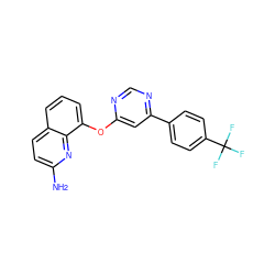 Nc1ccc2cccc(Oc3cc(-c4ccc(C(F)(F)F)cc4)ncn3)c2n1 ZINC000014974105