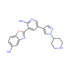 Nc1ccc2oc(-c3cc(-c4cnn(C5CCNCC5)c4)cnc3N)nc2c1 ZINC000084652466