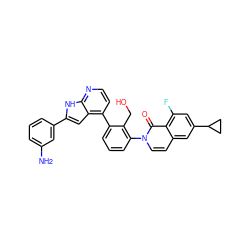 Nc1cccc(-c2cc3c(-c4cccc(-n5ccc6cc(C7CC7)cc(F)c6c5=O)c4CO)ccnc3[nH]2)c1 ZINC001772594330