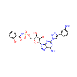 Nc1cccc(-c2cn(-c3nc(N)c4ncn([C@@H]5O[C@H](COS(=O)(=O)NC(=O)c6ccccc6O)[C@@H](O)[C@H]5O)c4n3)nn2)c1 ZINC000058576342