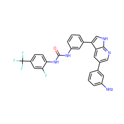 Nc1cccc(-c2cnc3[nH]cc(-c4cccc(NC(=O)Nc5ccc(C(F)(F)F)cc5F)c4)c3c2)c1 ZINC000043123303