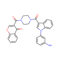 Nc1cccc(-n2cc(C(=O)N3CCN(C(=O)c4coc5ccccc5c4=O)CC3)c3ccccc32)c1 ZINC000653799955