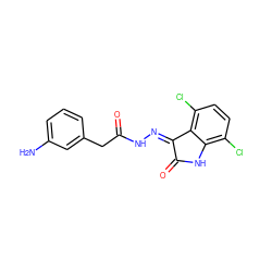 Nc1cccc(CC(=O)N/N=C2\C(=O)Nc3c(Cl)ccc(Cl)c32)c1 ZINC000072179584