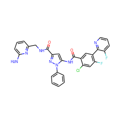 Nc1cccc(CNC(=O)c2cc(NC(=O)c3cc(-c4ncccc4F)c(F)cc3Cl)n(-c3ccccc3)n2)n1 ZINC001772577304