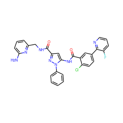 Nc1cccc(CNC(=O)c2cc(NC(=O)c3cc(-c4ncccc4F)ccc3Cl)n(-c3ccccc3)n2)n1 ZINC001772573074