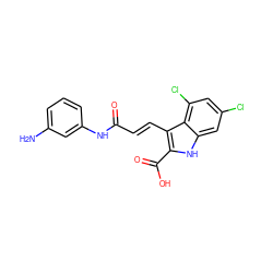 Nc1cccc(NC(=O)/C=C/c2c(C(=O)O)[nH]c3cc(Cl)cc(Cl)c23)c1 ZINC000013761277