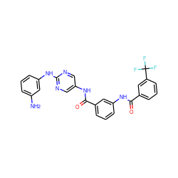 Nc1cccc(Nc2ncc(NC(=O)c3cccc(NC(=O)c4cccc(C(F)(F)F)c4)c3)cn2)c1 ZINC000169352896