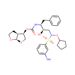 Nc1cccc(S(=O)(=O)N(C[C@@H](O)[C@H](Cc2ccccc2)NC(=O)O[C@H]2CO[C@H]3OCC[C@@H]23)OC2CCCC2)c1 ZINC000003962660