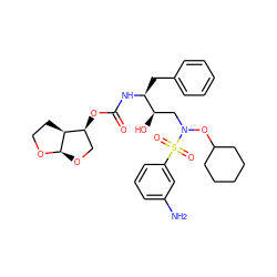 Nc1cccc(S(=O)(=O)N(C[C@@H](O)[C@H](Cc2ccccc2)NC(=O)O[C@H]2CO[C@H]3OCC[C@@H]23)OC2CCCCC2)c1 ZINC000014946344