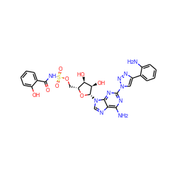 Nc1ccccc1-c1cn(-c2nc(N)c3ncn([C@@H]4O[C@H](COS(=O)(=O)NC(=O)c5ccccc5O)[C@@H](O)[C@H]4O)c3n2)nn1 ZINC000058576276