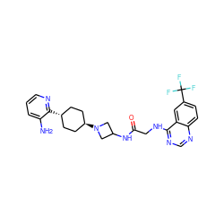 Nc1cccnc1[C@H]1CC[C@H](N2CC(NC(=O)CNc3ncnc4ccc(C(F)(F)F)cc34)C2)CC1 ZINC000149090384