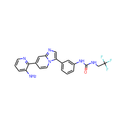 Nc1cccnc1-c1ccn2c(-c3cccc(NC(=O)NCC(F)(F)F)c3)cnc2c1 ZINC000139571411