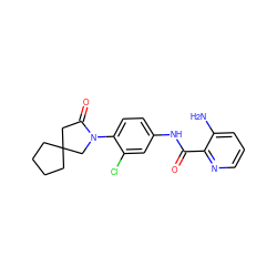 Nc1cccnc1C(=O)Nc1ccc(N2CC3(CCCC3)CC2=O)c(Cl)c1 ZINC000653850046