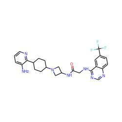 Nc1cccnc1C1CCC(N2CC(NC(=O)CNc3ncnc4ccc(C(F)(F)F)cc34)C2)CC1 ZINC000095595180