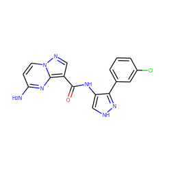 Nc1ccn2ncc(C(=O)Nc3c[nH]nc3-c3cccc(Cl)c3)c2n1 ZINC000095576465