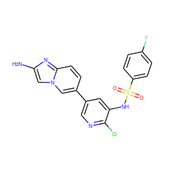 Nc1cn2cc(-c3cnc(Cl)c(NS(=O)(=O)c4ccc(F)cc4)c3)ccc2n1 ZINC000072179700