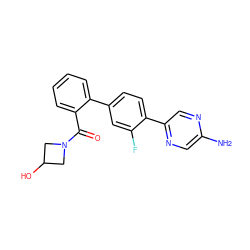 Nc1cnc(-c2ccc(-c3ccccc3C(=O)N3CC(O)C3)cc2F)cn1 ZINC000224805067