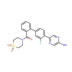 Nc1cnc(-c2ccc(-c3ccccc3C(=O)N3CCS(=O)(=O)CC3)cc2F)cn1 ZINC000224779845