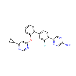 Nc1cnc(-c2ccc(-c3ccccc3Oc3cc(C4CC4)ncn3)cc2F)cn1 ZINC000224798346