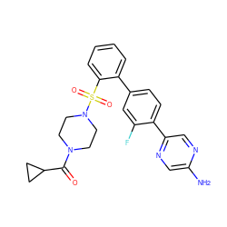 Nc1cnc(-c2ccc(-c3ccccc3S(=O)(=O)N3CCN(C(=O)C4CC4)CC3)cc2F)cn1 ZINC000224722269