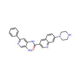 Nc1cnc(-c2ccccc2)cc1NC(=O)c1cnc2cc(N3CCNCC3)ccc2c1 ZINC000144698090