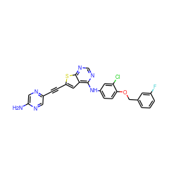 Nc1cnc(C#Cc2cc3c(Nc4ccc(OCc5cccc(F)c5)c(Cl)c4)ncnc3s2)cn1 ZINC000062233156