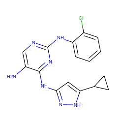 Nc1cnc(Nc2ccccc2Cl)nc1Nc1cc(C2CC2)[nH]n1 ZINC000203008141