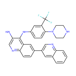 Nc1cnc2ccc(-c3cnc4ccccc4c3)cc2c1Nc1ccc(N2CCNCC2)c(C(F)(F)F)c1 ZINC000653725361