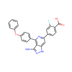 Nc1n[nH]c2cc(-c3ccc(C(=O)O)c(F)c3)nc(-c3ccc(Oc4ccccc4)cc3)c12 ZINC000068249026