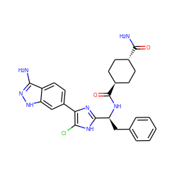 Nc1n[nH]c2cc(-c3nc([C@H](Cc4ccccc4)NC(=O)[C@H]4CC[C@H](C(N)=O)CC4)[nH]c3Cl)ccc12 ZINC000299862127