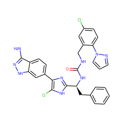 Nc1n[nH]c2cc(-c3nc([C@H](Cc4ccccc4)NC(=O)NCc4cc(Cl)ccc4-n4cccn4)[nH]c3Cl)ccc12 ZINC000115469133