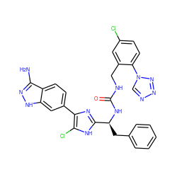 Nc1n[nH]c2cc(-c3nc([C@H](Cc4ccccc4)NC(=O)NCc4cc(Cl)ccc4-n4cnnn4)[nH]c3Cl)ccc12 ZINC000115468277