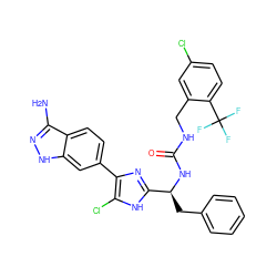 Nc1n[nH]c2cc(-c3nc([C@H](Cc4ccccc4)NC(=O)NCc4cc(Cl)ccc4C(F)(F)F)[nH]c3Cl)ccc12 ZINC000115472418