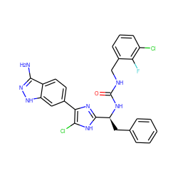 Nc1n[nH]c2cc(-c3nc([C@H](Cc4ccccc4)NC(=O)NCc4cccc(Cl)c4F)[nH]c3Cl)ccc12 ZINC000115468717