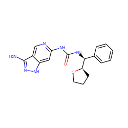 Nc1n[nH]c2cc(NC(=O)N[C@@H](c3ccccc3)[C@H]3CCCO3)ncc12 ZINC000210678644