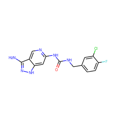 Nc1n[nH]c2cc(NC(=O)NCc3ccc(F)c(Cl)c3)ncc12 ZINC001772576274