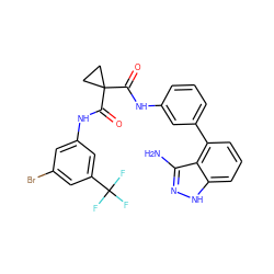 Nc1n[nH]c2cccc(-c3cccc(NC(=O)C4(C(=O)Nc5cc(Br)cc(C(F)(F)F)c5)CC4)c3)c12 ZINC001772637920