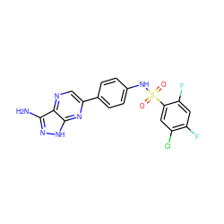 Nc1n[nH]c2nc(-c3ccc(NS(=O)(=O)c4cc(Cl)c(F)cc4F)cc3)cnc12 ZINC000148822399