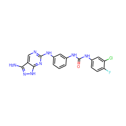 Nc1n[nH]c2nc(Nc3cccc(NC(=O)Nc4ccc(F)c(Cl)c4)c3)ncc12 ZINC000084741724