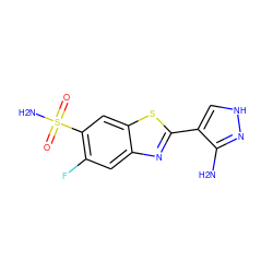 Nc1n[nH]cc1-c1nc2cc(F)c(S(N)(=O)=O)cc2s1 ZINC000114400123