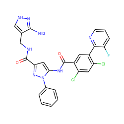 Nc1n[nH]cc1CNC(=O)c1cc(NC(=O)c2cc(-c3ncccc3F)c(Cl)cc2Cl)n(-c2ccccc2)n1 ZINC001772596986