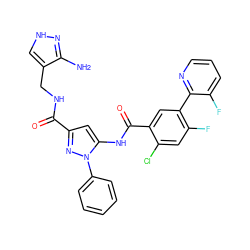 Nc1n[nH]cc1CNC(=O)c1cc(NC(=O)c2cc(-c3ncccc3F)c(F)cc2Cl)n(-c2ccccc2)n1 ZINC001772649990