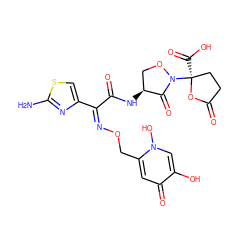 Nc1nc(/C(=N/OCc2cc(=O)c(O)cn2O)C(=O)N[C@H]2CON([C@@]3(C(=O)O)CCC(=O)O3)C2=O)cs1 ZINC000169347587